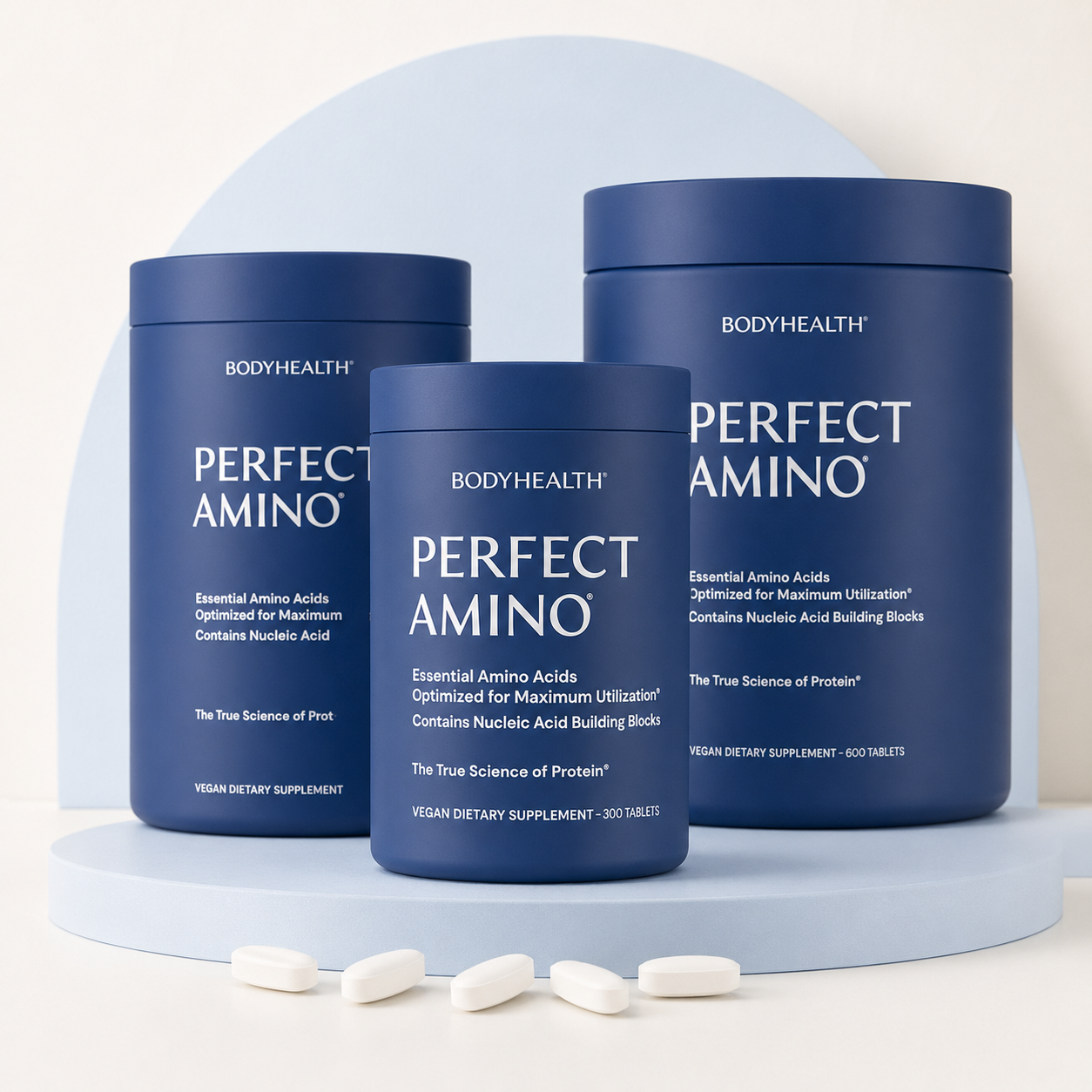 PerfectAmino tablets product family with five white tablets