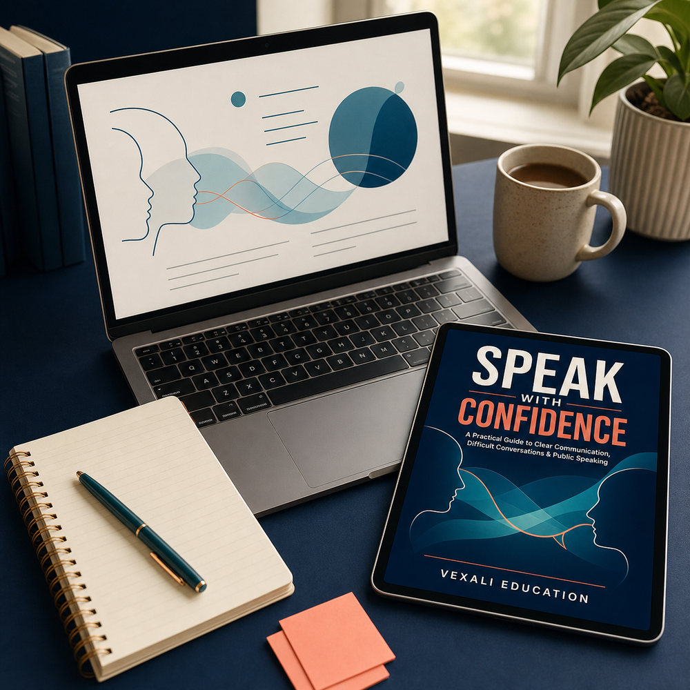 Communication guide learning workspace with laptop and tablet