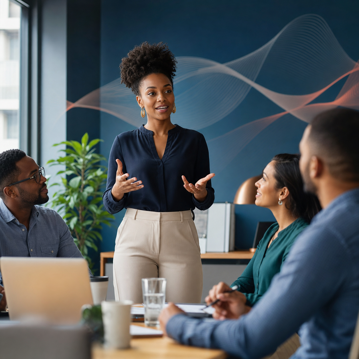 Professional confidently presenting to a team
