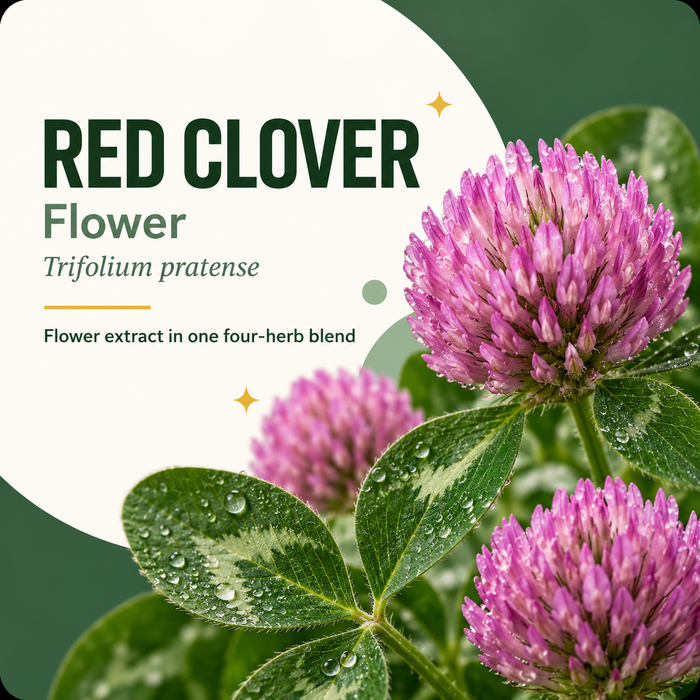 Photorealistic generated botanical artwork of red clover showing the plant part in Vexali's four-herb blend.