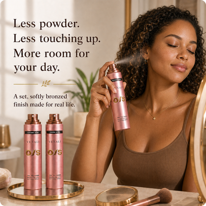 Mixed-race woman applying VEXALI On 'Til Dawn Bronzing Veil Setting Spray
