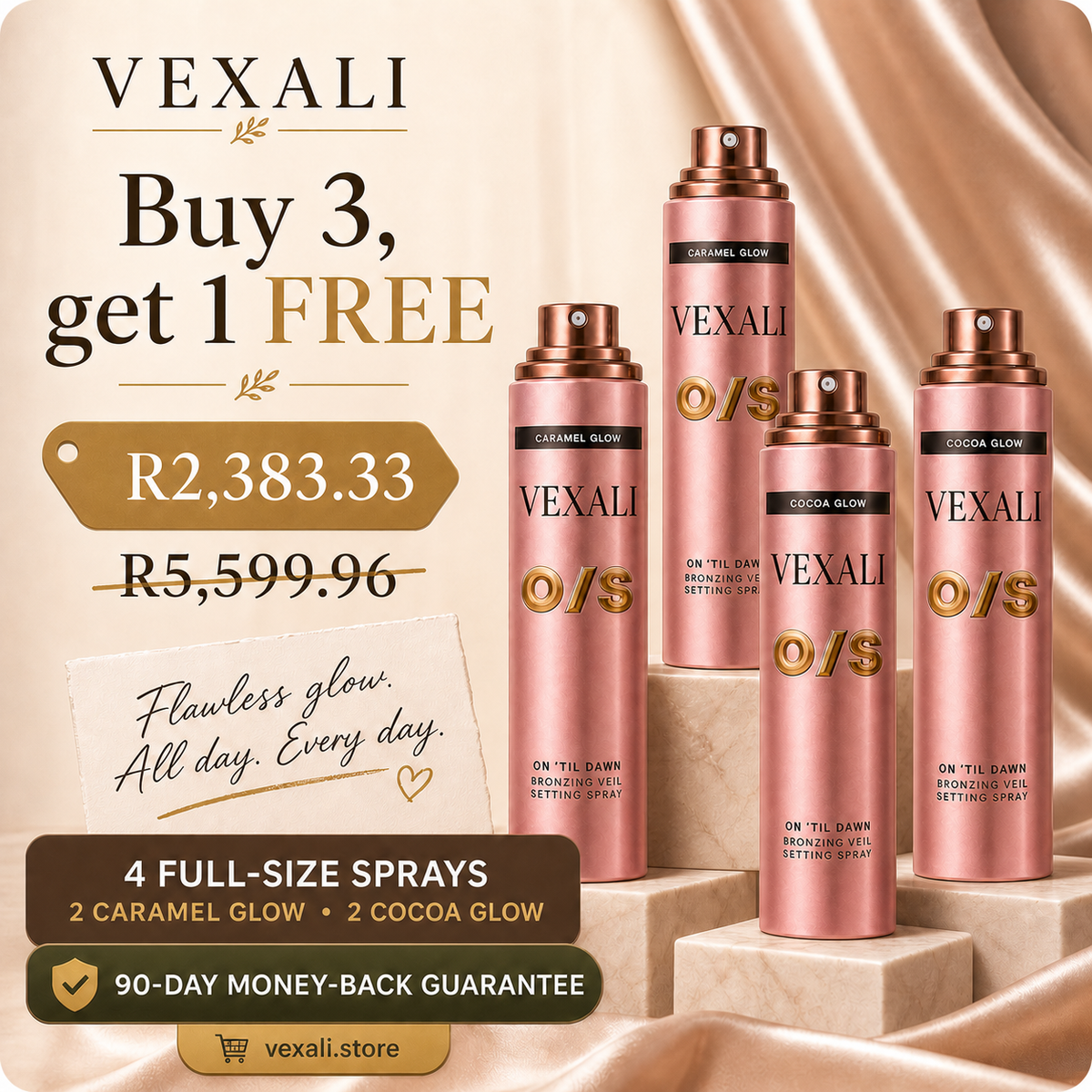 Buy three get one free VEXALI setting spray bundle with 90-day guarantee