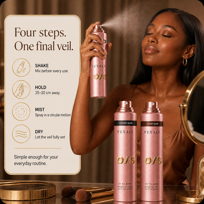 How to apply VEXALI bronzing veil setting spray in four steps