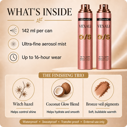 Setting spray benefits including witch hazel, Coconut Glow Blend and bronze veil pigments