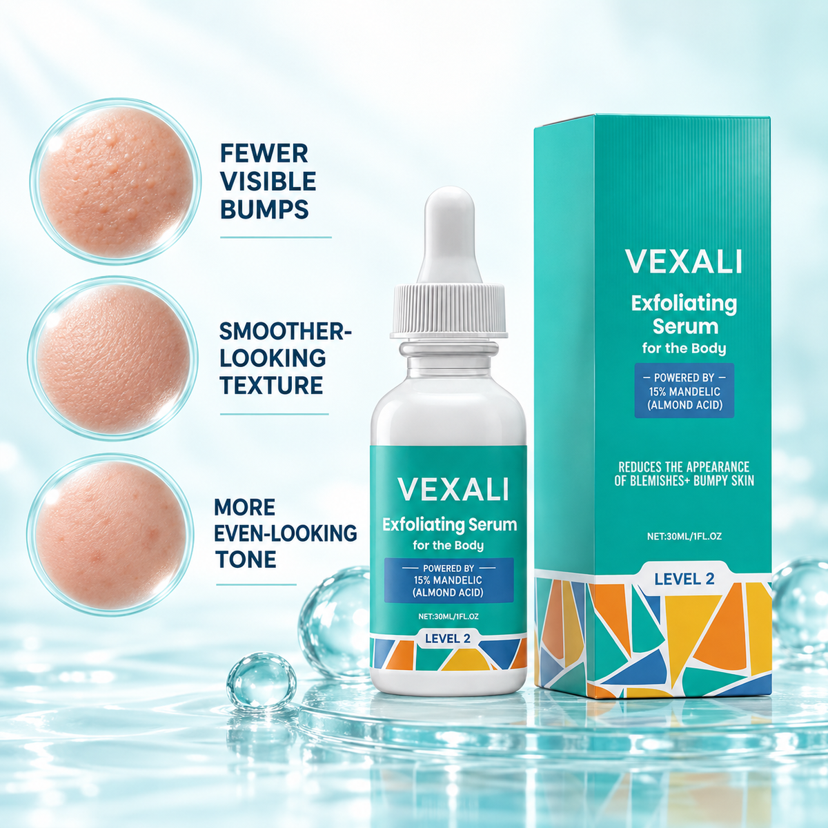 VEXALI Level 2 Mandelic Acid Exfoliating Serum with three visible skin progress areas