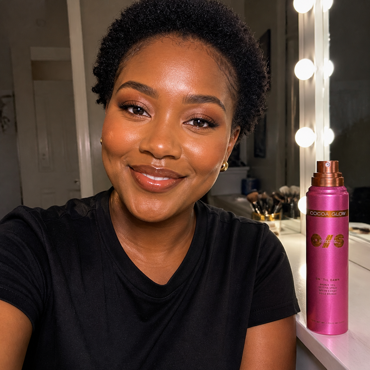 South African beauty creator vanity review selfie with setting spray