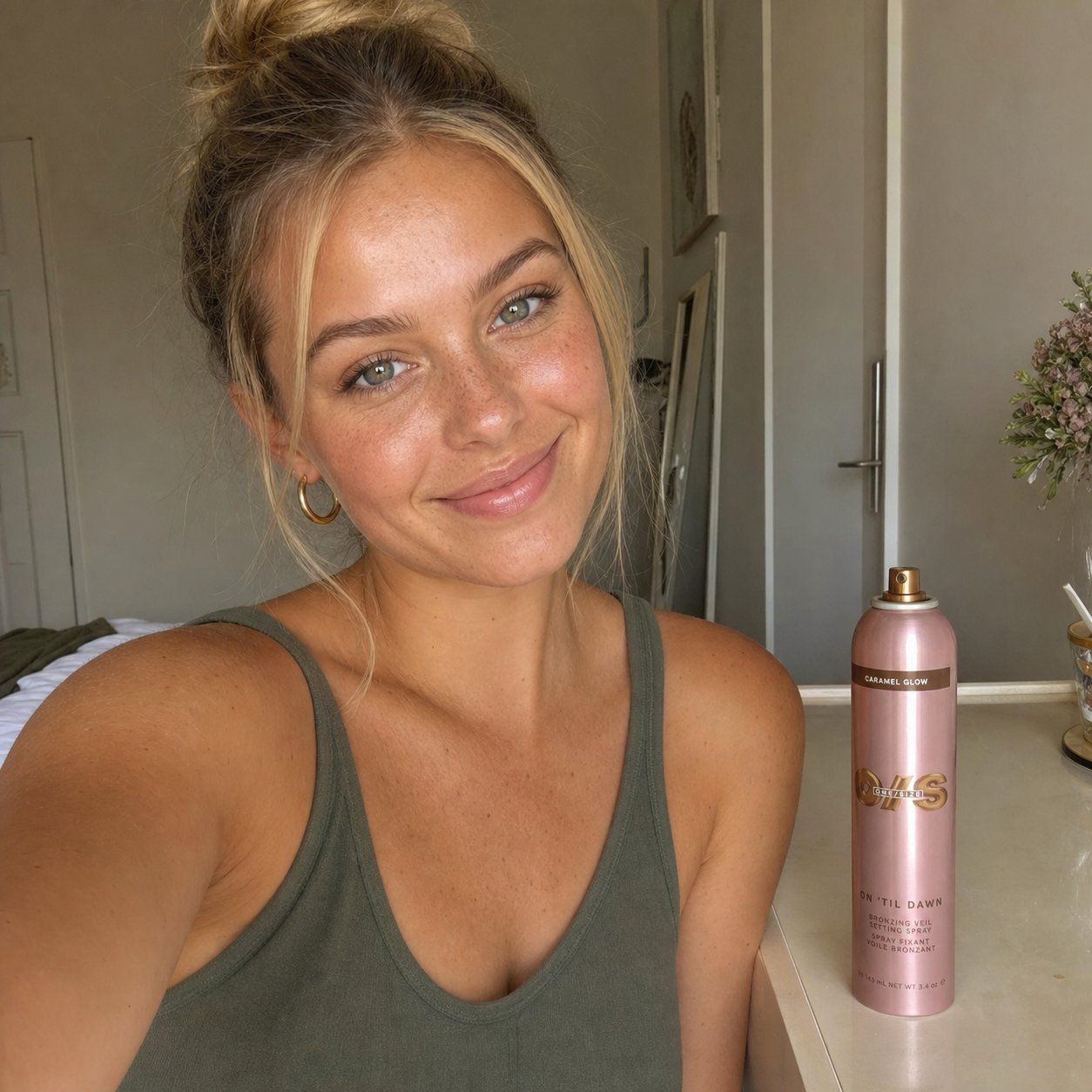 South African beauty creator bedroom review selfie with setting spray