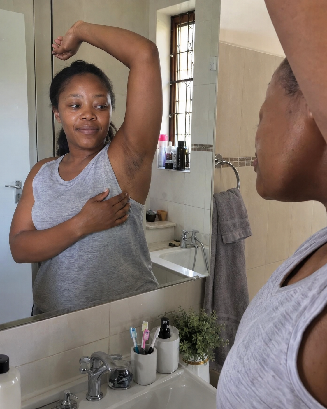 Representative customer-style phone photo of a woman checking her underarm