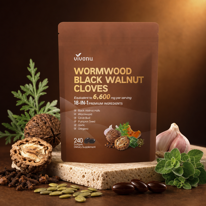 VIVONU Wormwood Black Walnut Cloves pouch with botanicals on a pedestal