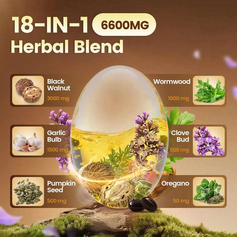 18-in-1 herbal blend featuring black walnut, wormwood, clove, pumpkin seed, garlic and oregano