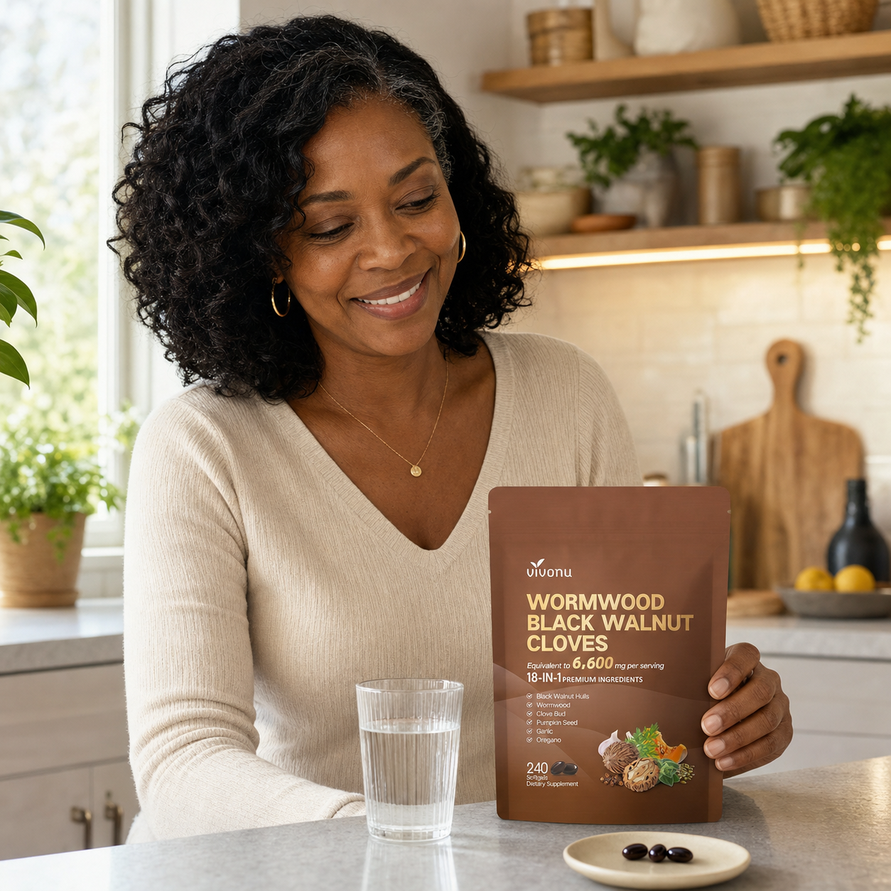 Woman with VIVONU Wormwood Black Walnut Cloves pouch, water and softgels