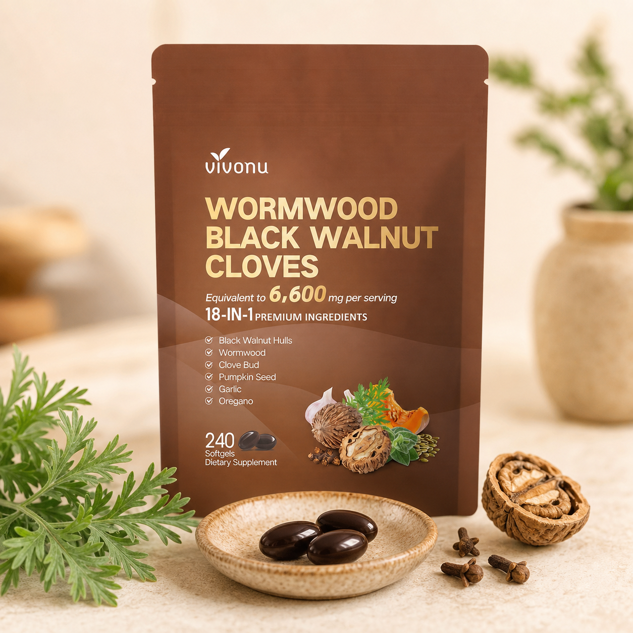Three dark brown softgels with the VIVONU Wormwood Black Walnut Cloves pouch