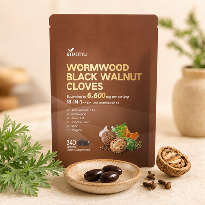 Three dark brown softgels with the VIVONU Wormwood Black Walnut Cloves pouch